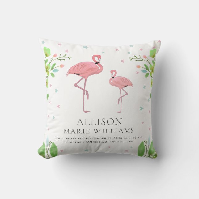 Cojín Decorativo Estadísticas de natalidad de bebé flamingo rosado (Anverso)