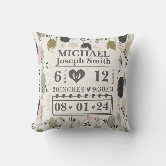 Cojín Decorativo Estadísticas de natalidad personalizadas Boho (Anverso)