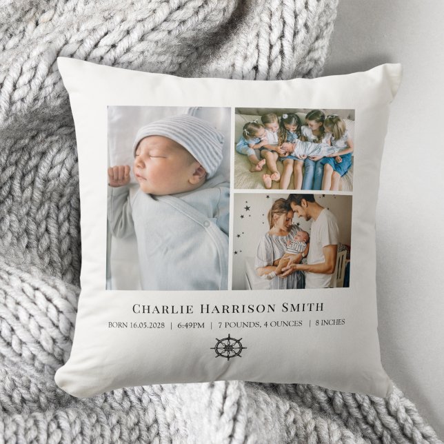 Cojín Decorativo Estadísticas de recién nacidos y foto (Newborn Baby Stats and Photo Collage Throw Pillow with nautical ship wheel graphic)