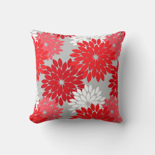 Cojín Decorativo Estampa de kimono floral moderno, rojo coral y gri