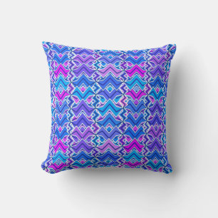 Cojín Decorativo Estampado de batik tribal, azul, violeta y blanco
