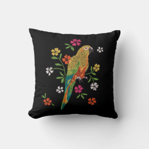 Cojín Decorativo Estampado de Bordado Loro Rojo Amarillo Rosa Flora