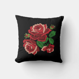 Cojín Decorativo Estampado de Bordado Rosa Roja Hojas Verdes Floral