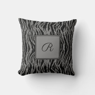 Cojín Decorativo Estampado de cebra con monograma negro gris platea