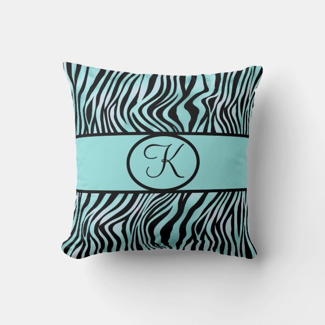 Cojín Decorativo Estampado de cebra monogramado turquesa aguamarina (Anverso)