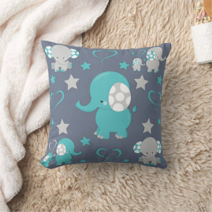 Cojín Decorativo Estampado de elefantes bebé azul turquesa y gris