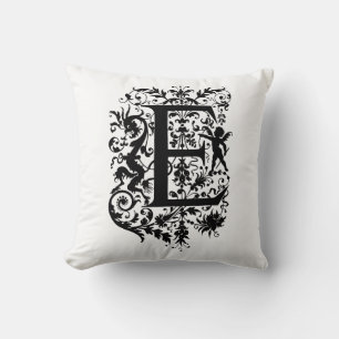 Cojín Decorativo Estampado de flores blanco y negro inicial del