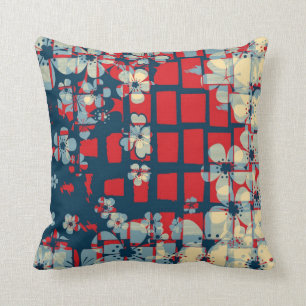 Cojín Decorativo Estampado de flores retro rojo y azul