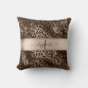 Cojín Decorativo Estampado de Leopardo Bronce Negro Monograma