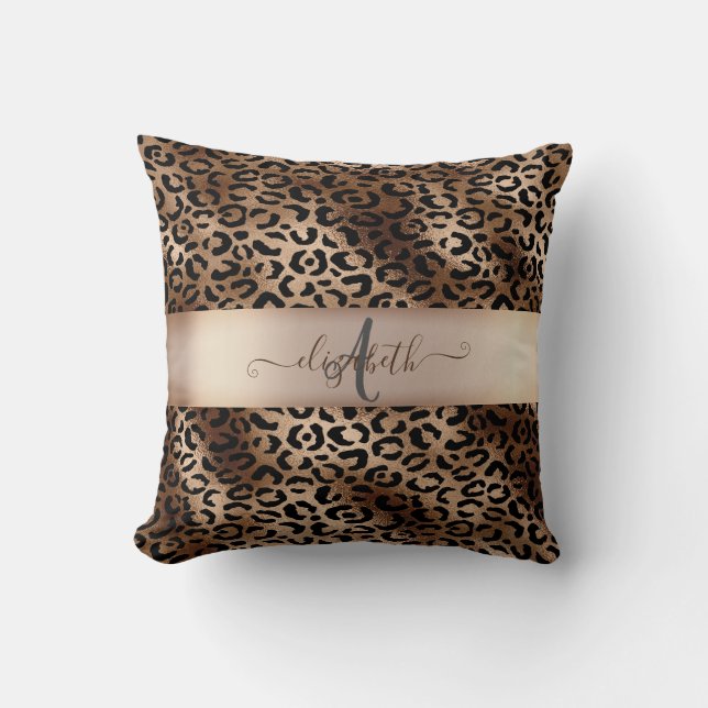 Cojín Decorativo Estampado de Leopardo Bronce Negro Monograma (Anverso)