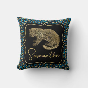 Cojín Decorativo Estampado de leopardo dorado y leopardo azul