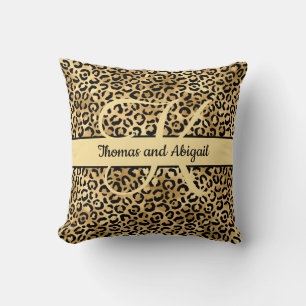 Cojín Decorativo Estampado de leopardo negro dorado Monograma Anima