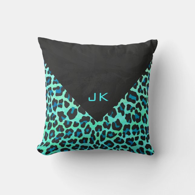 Cojín Decorativo Estampado de Leopardo Negro y Verde Turquesa (Anverso)