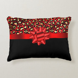 Cojín Decorativo Estampado de leopardo rojo, dorado y negro con laz