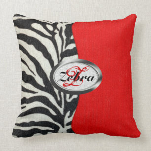 Cojín Decorativo Estampado de zebra de moda y monograma rojo de