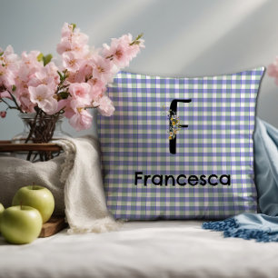 Cojín Decorativo Estampado gingham azul verde flor monograma