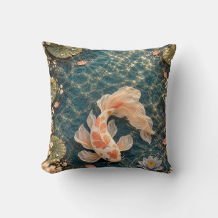 Cojín Decorativo Estanque de nenúfar teal con koi fluyendo albarico