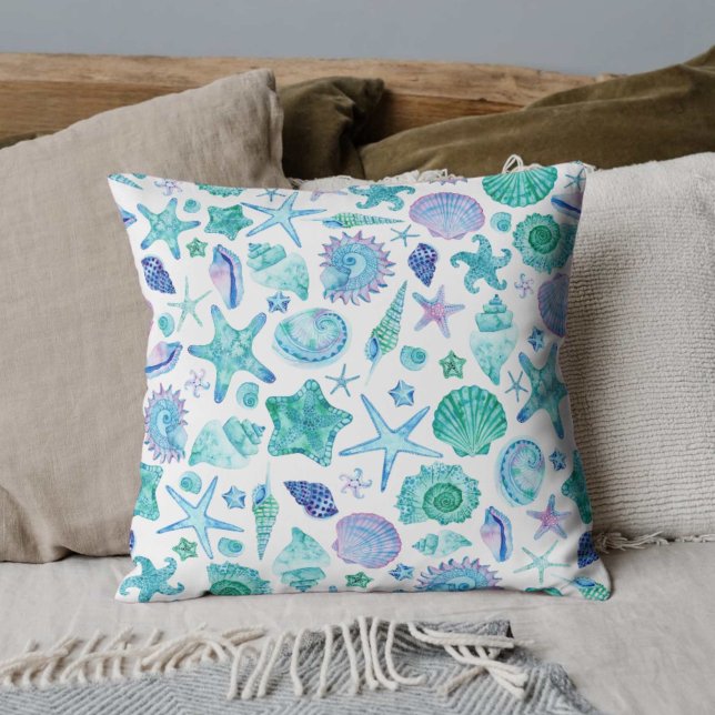 Cojín Decorativo Estanques acuáticos y estribaciones marinas coster (Watercolor Coastal Sea Shells and Starfish Throw Pillow)