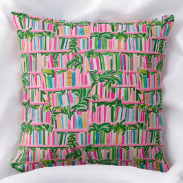 Cojín Decorativo Estante de libros rosa Preppy con hojas tropicales