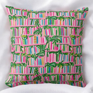 Cojín Decorativo Estante de libros rosa Preppy con hojas tropicales