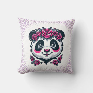 Cojín Decorativo Este panda sonriente enmarcado por rosas rosadas c