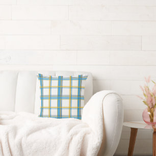 Cojín Decorativo Estética de Cuadro Escocés Azul Amarillo Brillante