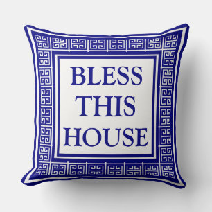 Cojín Decorativo Estilo azul patrón de llave griega Bendice esta ca
