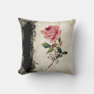 Cojín Decorativo Estilo barroco Rosa vintage negro y encaje crema