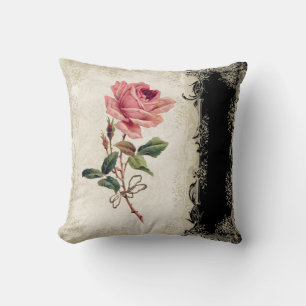 Cojín Decorativo Estilo barroco Rosa vintage negro y encaje crema