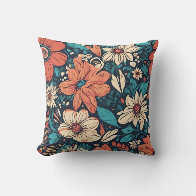 Cojín Decorativo Estilo Bohemio. Hermoso patrón florístico vibrante (Anverso)