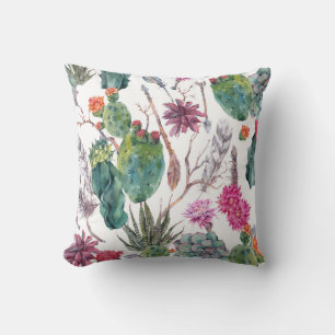 Cojín Decorativo Estilo Boho, acuarela de cactus vintage.