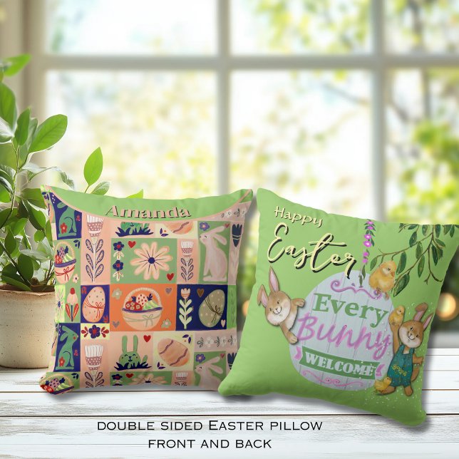 Cojín Decorativo Estilo de colcha de conejito de Pascua (Easter bunny quilted style throw pillow )
