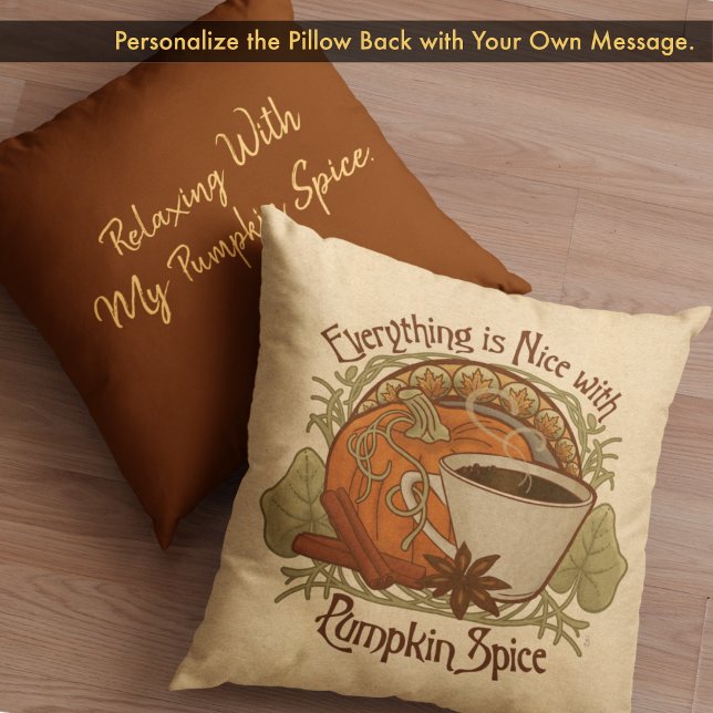Cojín Decorativo Estilo de cosecha de calabaza y café (Pumpkin Spice Coffee Vintage Style Throw Pillow - Customize the Back with Your own Text.)