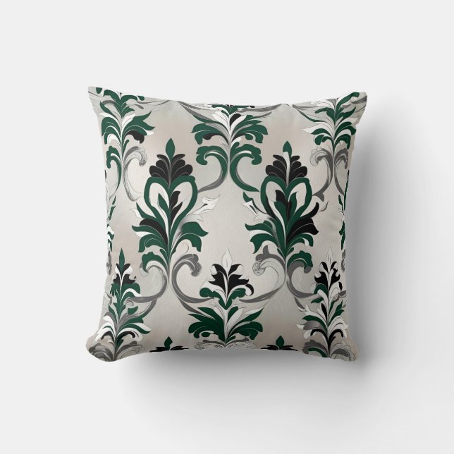 Cojín Decorativo Estilo de damasco verde, negro, blanco y plateado (Anverso)