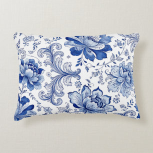 Cojín Decorativo Estilo Delft Azul Blanco Flores Fantasía Caprichos