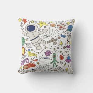 Cojín Decorativo Estilo Doodle, ilustracion temático espacial.
