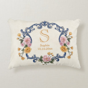 Cojín Decorativo Estilo Elegante Boda Azul Monograma y Floral