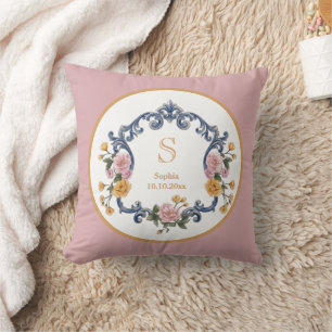 Cojín Decorativo Estilo Elegante Boda Azul Monograma y Floral
