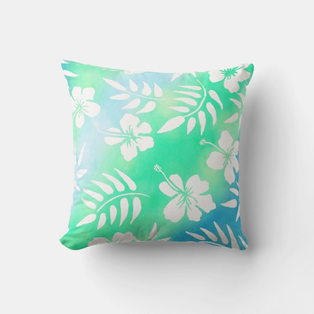 Cojín Decorativo Estilo hawaiano azul, Verde azulado y blanco bonit (Anverso)