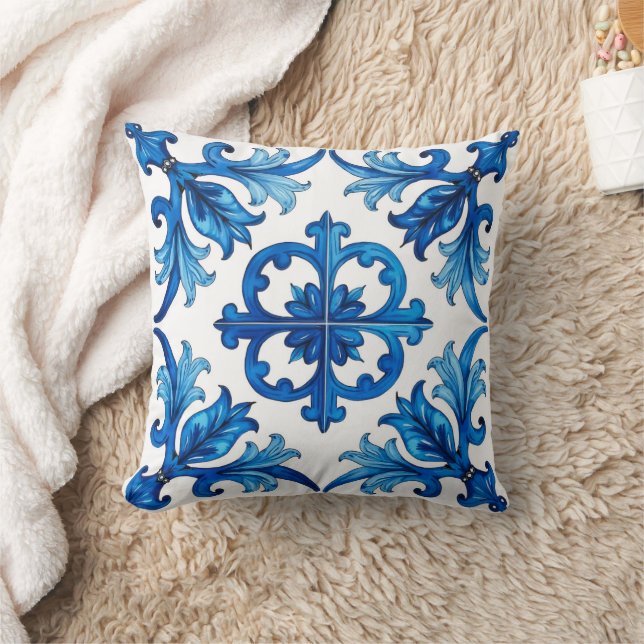 Cojín Decorativo estilo italiano, mediterráneo, mosaico, azul, (Manta)
