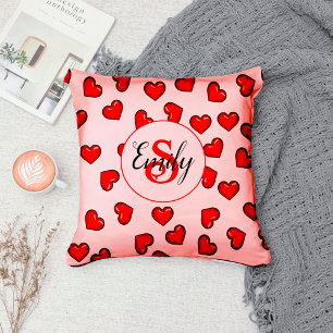 Cojín Decorativo estilo patrón de corazón rojo en monograma rosa ru