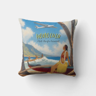 Cojín Decorativo Estilo vintage chica hula de viaje hawaiano Honolu