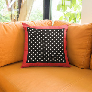 Cojín Decorativo Estilo Vintage Rojo Borde Negro y Blanco Lunares