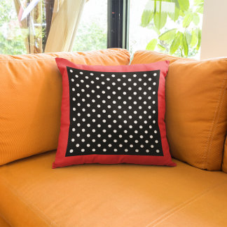Cojín Decorativo Estilo Vintage Rojo Borde Negro y Blanco Lunares