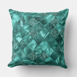 Cojín Decorativo Estiloso Brillo Teal Glitter y Diamantes de Hoja