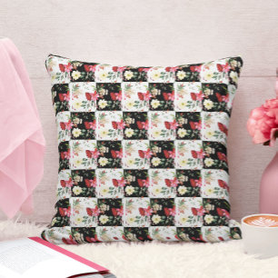 Cojín Decorativo Estiloso tablero de ajedrez floral rosa negro y bl