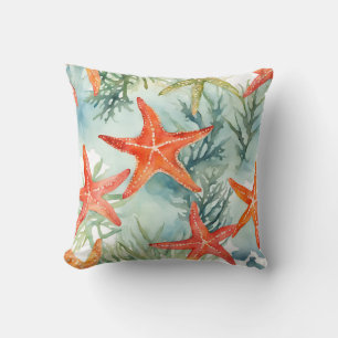 Cojín Decorativo Estrella de mar acuarela océano costero