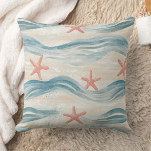 Cojín Decorativo Estrella de mar azul océano orilla arenosa acuarel