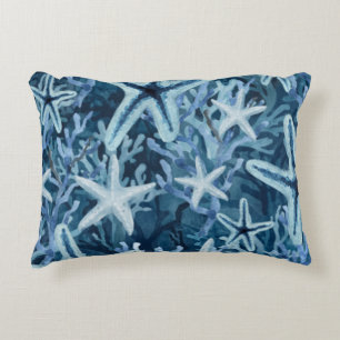Cojín Decorativo Estrella de Mar Coral Azul Patrón Playero