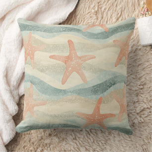 Cojín Decorativo Estrella de mar costera sobre patrón de olas de ar